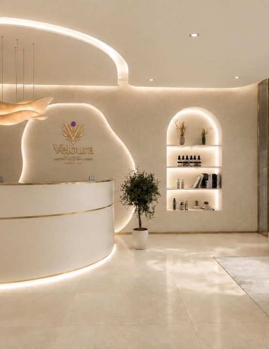 The Veloura reception — a sculpted counter beneath the brand mark