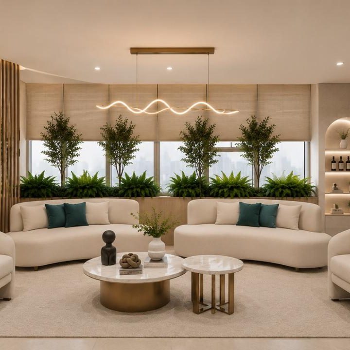 The Veloura lounge, curved seating arranged around a marble table