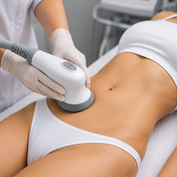 A contouring handpiece working across the body during a sculpting session