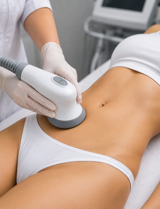 A contouring handpiece working across the body during a sculpting session