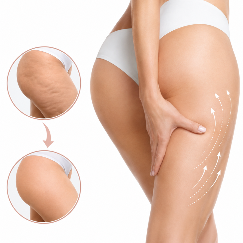 Before and after cellulite reduction treatment on the thigh and buttock