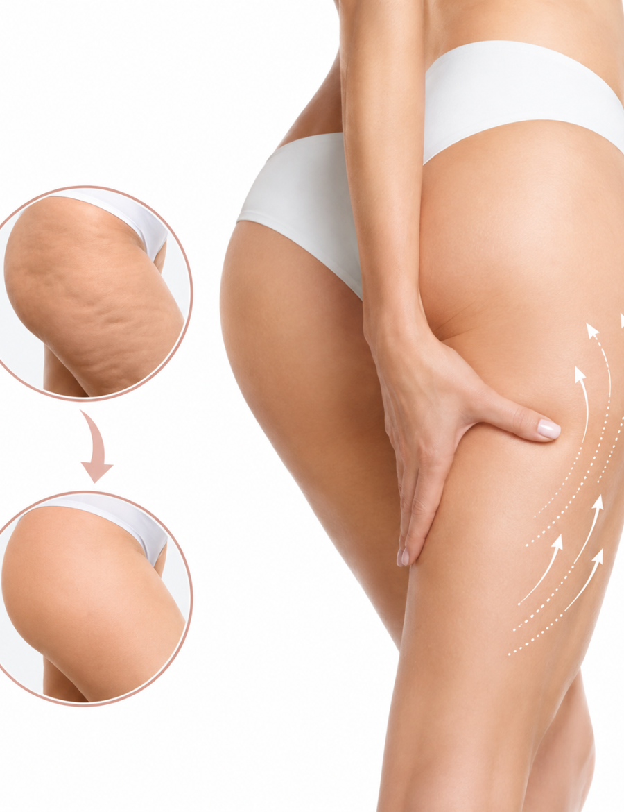 Before and after cellulite reduction treatment on the thigh and buttock