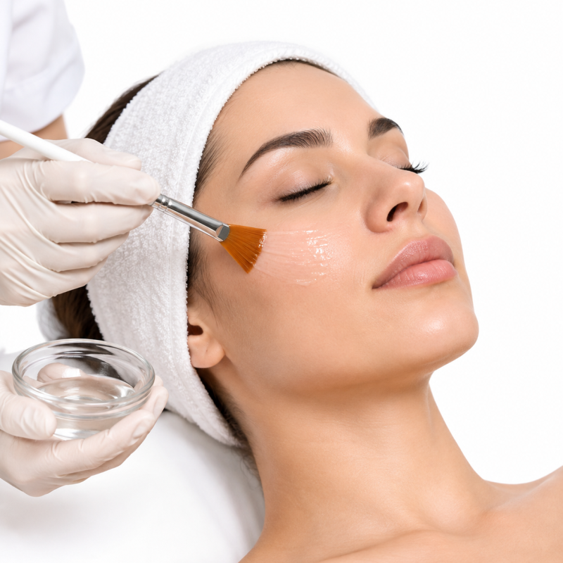 Chemical peel solution being applied to the face during treatment
