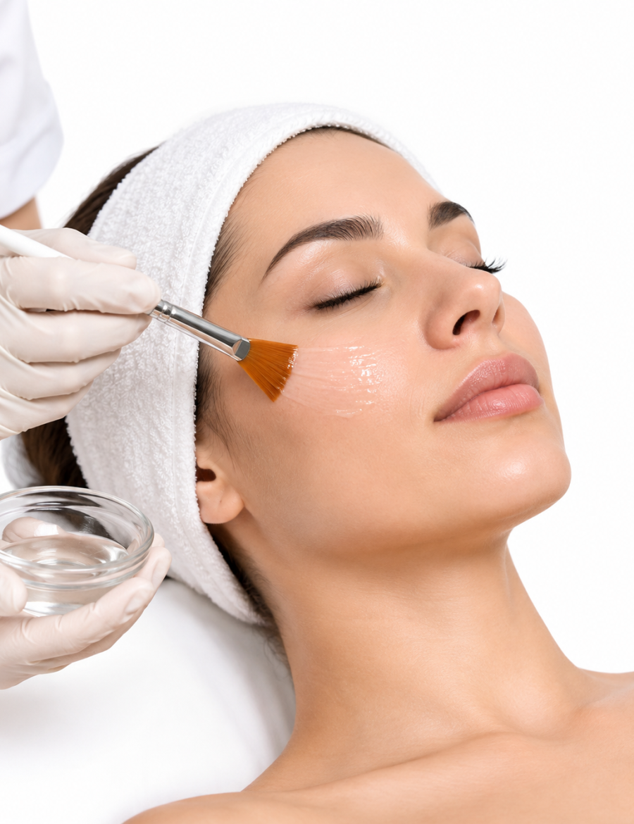 Chemical peel solution being applied to the face during treatment