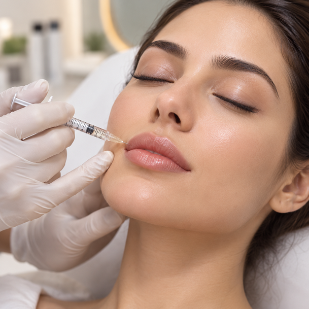 A dermal filler injection being administered to the lips at Veloura Aesthetics & Wellness