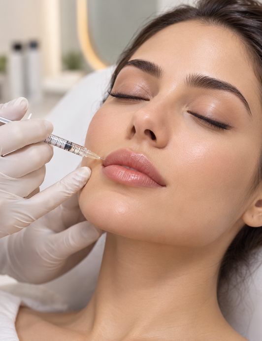A dermal filler injection being administered to the lips at Veloura Aesthetics & Wellness