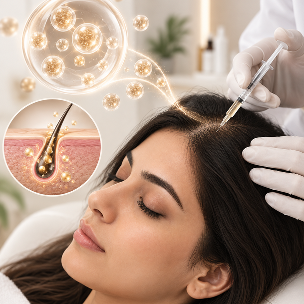 An exosome-based hair treatment being administered at Veloura Aesthetics & Wellness