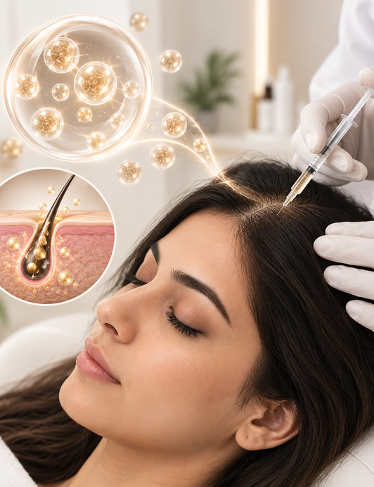 An exosome-based hair treatment being administered at Veloura Aesthetics & Wellness