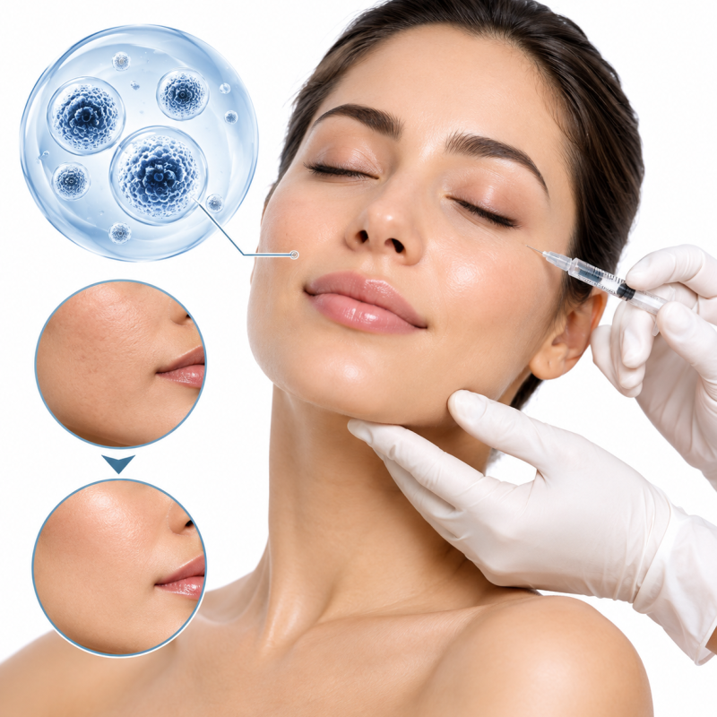 Exosome-based injection treatment with before and after skin texture comparison