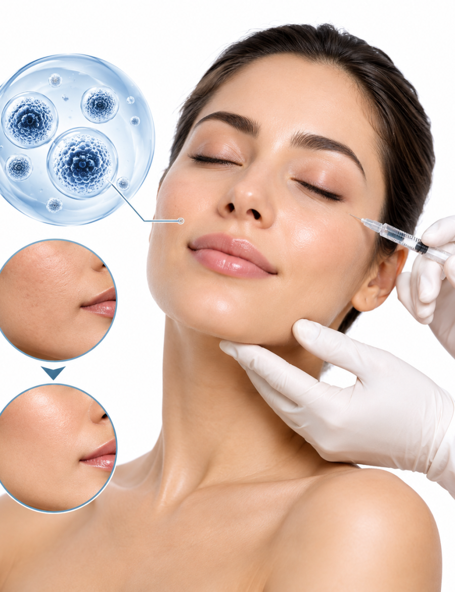Exosome-based injection treatment with before and after skin texture comparison