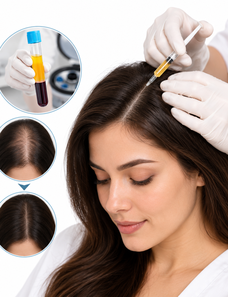 GFC growth factor concentrate injection into the scalp with before and after density comparison