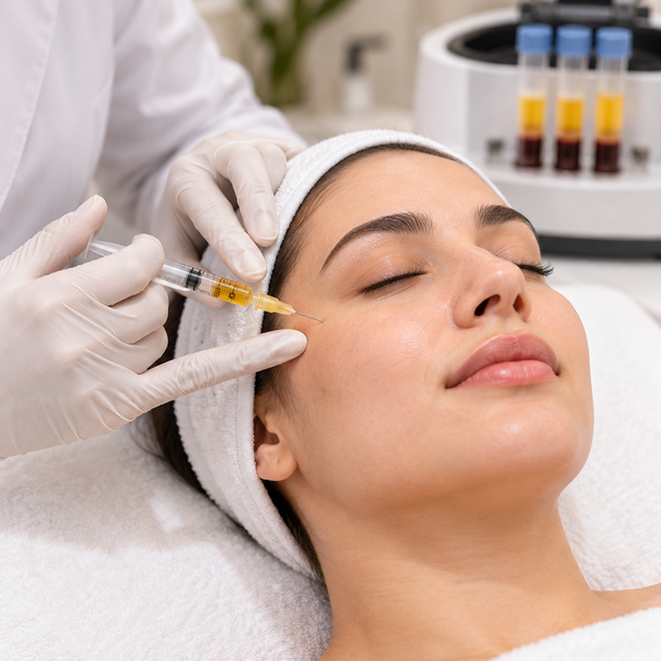 A PRP facial injection being administered at Veloura Aesthetics & Wellness, with prepared plasma visible in the centrifuge behind
