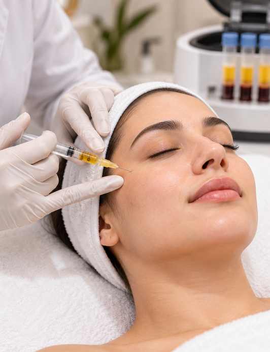 A PRP facial injection being administered at Veloura Aesthetics & Wellness, with prepared plasma visible in the centrifuge behind