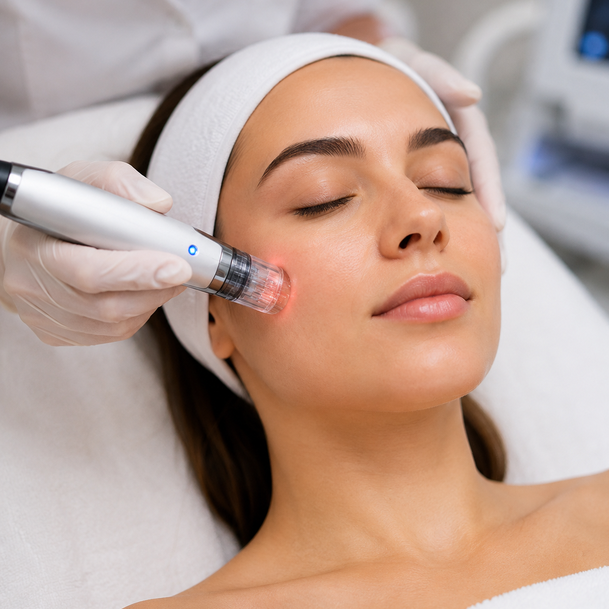 An RF microneedling handpiece being worked across the skin during a session