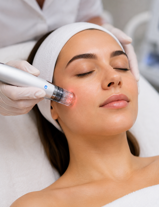 An RF microneedling handpiece being worked across the skin during a session