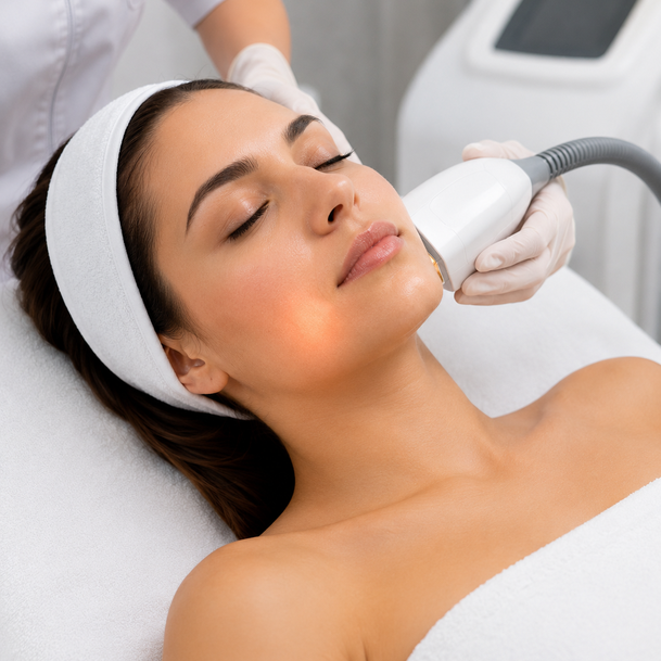 A skin rejuvenation laser treating the face with protective eyewear in place