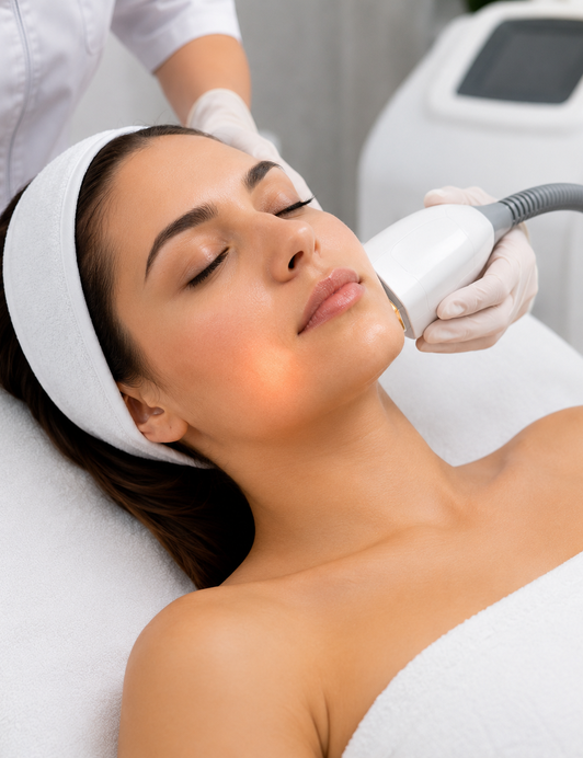 A skin rejuvenation laser treating the face with protective eyewear in place
