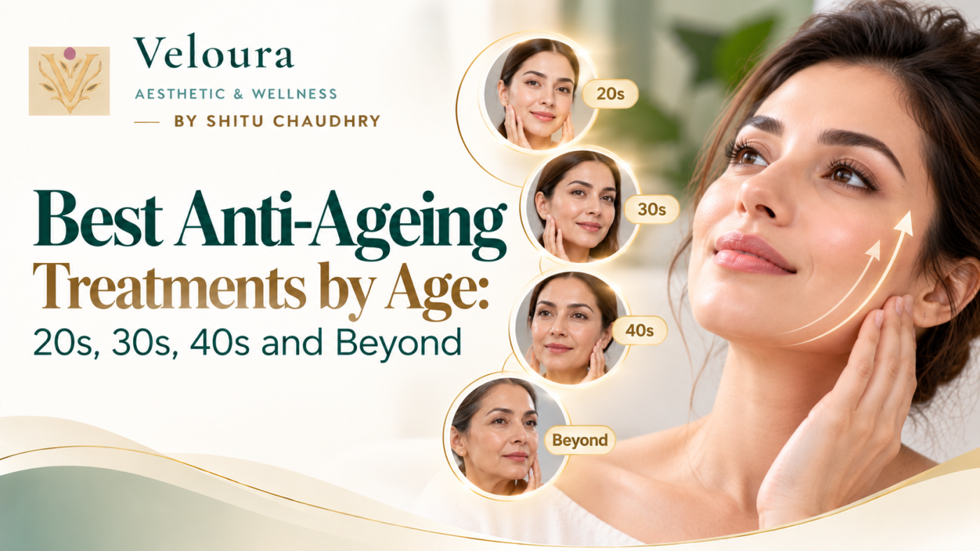 Woman touching her jawline, with portraits of women in their 20s, 30s, 40s and beyond - anti-ageing treatments by age