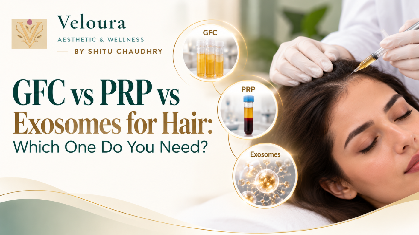 Woman receiving a scalp injection, with illustrations of GFC, PRP and exosomes for hair treatment