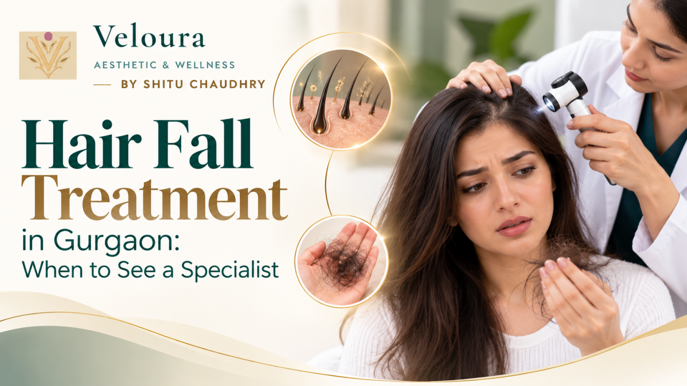 Woman worried about hair fall while a clinician examines her scalp, with close-ups of hair follicles and shed hair