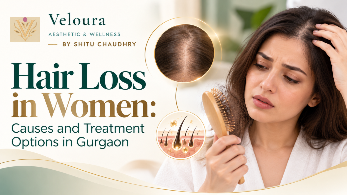 Woman checking her hair parting while holding a hairbrush, with a scalp close-up - hair loss in women