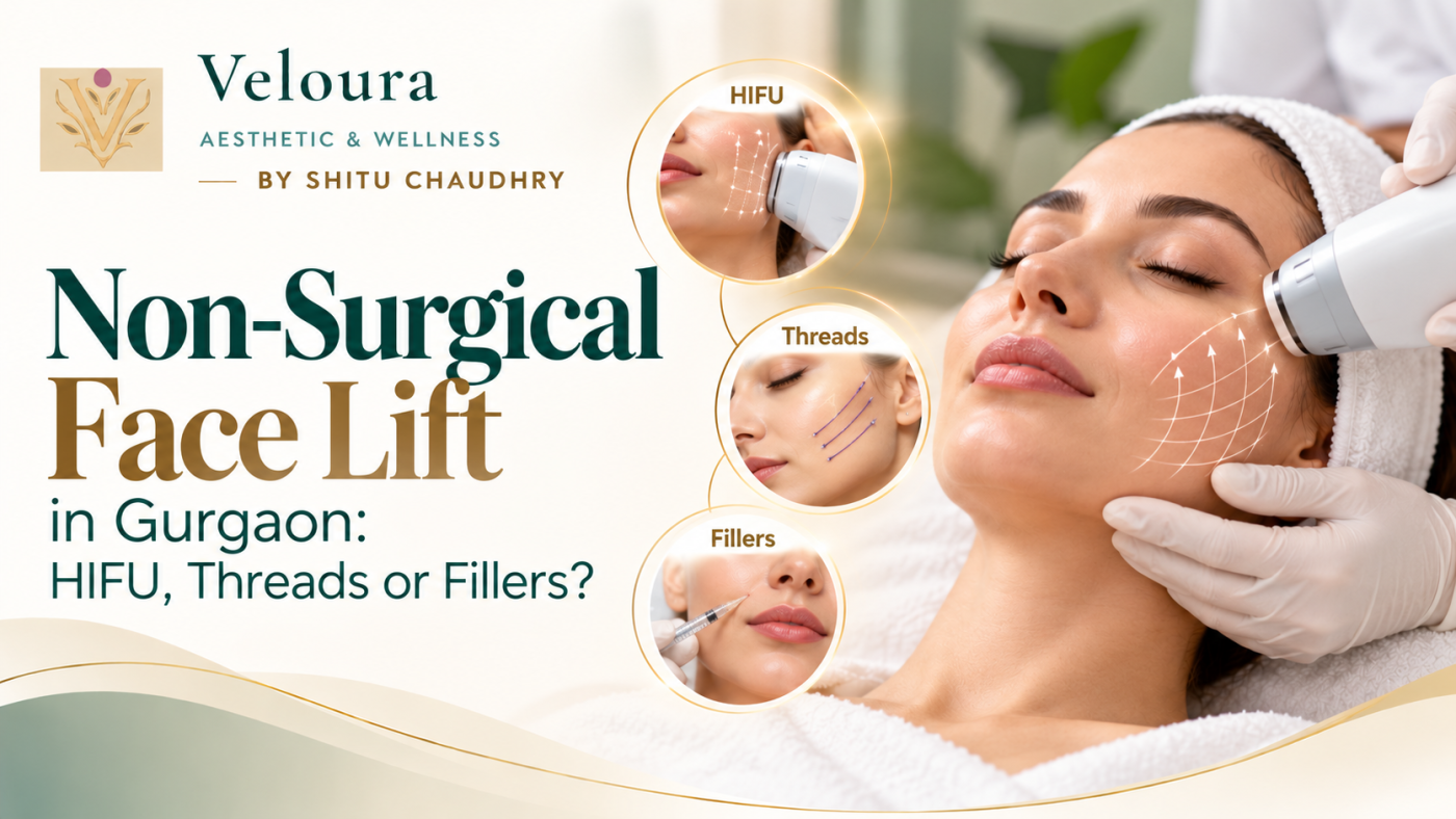 Woman receiving a HIFU face lift treatment, with insets showing HIFU, thread lift and filler treatments